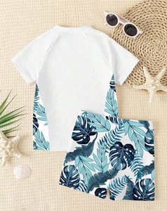 White Swim Letter Print Boy's T-Shirt and Shorts Set Casual Tropical Leaves Pattern Summer Outfit - Product Image 6