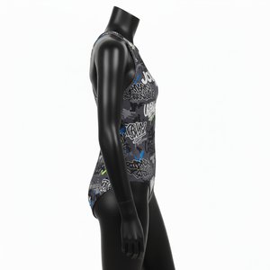 Maillot de bain femme en tissu extensible polyester élasthanne 200 GSM, imprimé graffiti gris foncé, logo personnalisé - Product Image 5