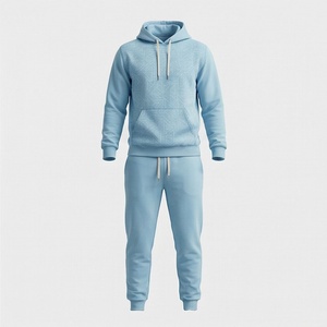 Ensemble de survêtement unisexe bleu clair à capuche avec motif géométrique, sweat-shirt et pantalon décontractés longs avec cordon de serrage et poches, idéal pour l'automne - Product Image 1