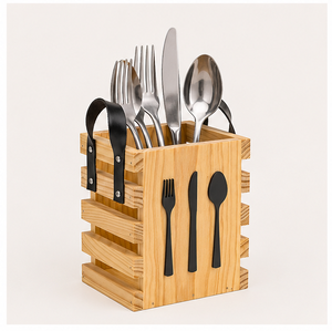 Eco-Friendly Bamboo Wooden Cutlery Holder With Leather Handles Portable 3-Compartment Utensil Caddy & Silverware Organizer - Product Image 4