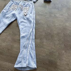 ชุดวอร์มสองชิ้นวินเทจของผู้ชายกางเกงบานและเสื้อสวมหัวมีฮู้ดดี้ซีดฝนกรดผ้ากำมะหยี่ปักสไตล์ลำลอง - Product Image 4