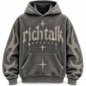 Sweat-shirt à capuche pour homme, orné de strass, style streetwear, coupe classique, gris uni, coton French Terry, hiver, éco-responsable - Product Image 1