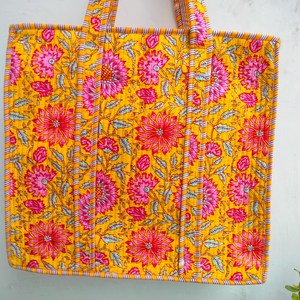 Jaipur Block Print Quilted High <b>Yellow</b> Cotton Tote <b>Bag</b> Handmade Traditional Floral Elegant Bohemian Shoulder <b>Bag</b> Zipper Pocket - Product Image 5