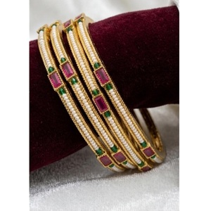 Stunning <b>Gold</b> Plated <b>Bangle</b> Bracelets <b>Set</b> With Pearls And Zircon Stones For Women Wedding Party Classic Style - Product Image 1