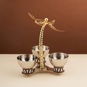 Metal Silver Cluster Bowl Features Three Compartment Hammered Pieces On Patterned Bases Around A Central Gold Palm <b>Tree</b> <b>Stand</b> - Product Image 1