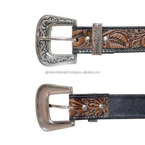 Cinturón de herramientas de cuero occidental grabado con hojas a la moda para hombres cinturón de vaquero de diseño tallado a mano con hebilla y lazo de latón floral - Product Image 3