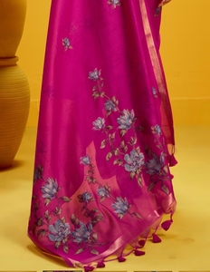 Sari en coton et soie rose KV, motif tissé traditionnel, sans plis, réversible, pour l'automne, avec chemisier non cousu - Product Image 4