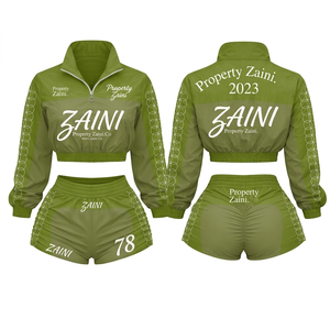 Conjunto Corto Deportivo para Mujer, Chaqueta Corta y Pantalones Cortos, Ligero, de Tafetán de Poliéster de 110 GSM, Verde Oliva, con Paneles y Logotipo Personalizado con Serigrafía - Product Image 1