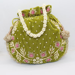Moss Green <b>Velvet</b> Eco-Friendly Handbag Zardosi Pearl Floral Flap Closure Wedding & <b>Evening</b> Party Bag - Product Image 1