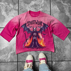 Custom Men's Loose Vintage Oversized Crop T-<b>Shirts</b> with 3D <b>Patchwork</b> 100% Cotton 300 Grams Knitted Fabric DTG Print Stand Collar - Product Image 2