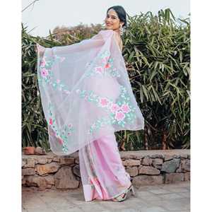 ผ้าซารีออร์แกนซ่าสุดหรู รุ่นเอเลียนา สีชมพู สำหรับงานแต่งงาน งานเลี้ยง งานรับปริญญา คอลเลคชั่นดีไซเนอร์สำหรับผู้หญิง ส่งออก - Product Image 2