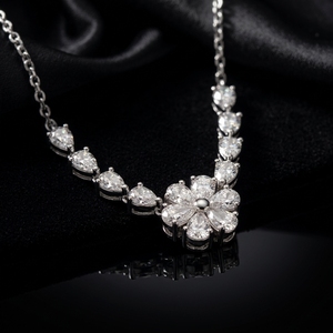 9kt White Gold Diamond Pendant Floral Flower Cluster Pear Cut <b>Graduated</b> Station Necklace Featuring Lab Grown Diamonds - Product Image 1