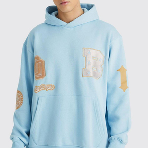 Ensemble de survêtement bleu clair à capuche avec lettres et patchs brodés, unisexe, décontracté, pantalon de survêtement et sweat-shirt pleine longueur, 100 % coton - Product Image 5