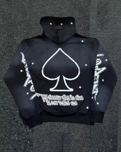 Sudadera con capucha y pantalones de chándal personalizados negros, con cremallera completa, estilo vintage, con efecto desgastado, bordados, lavado ácido y a la piedra, de poliéster/algodón, con forro polar y corte acampanado. - Product Image 4