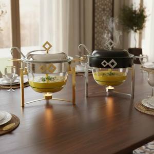 Plat de service de luxe en verre, chauffe-plats de buffet en acier inoxydable, rond, ovale, double, soupière, avec support doré ou argenté pour hôtel - Product Image 6