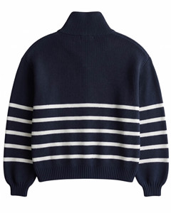 <b>Men's</b> Navy Striped Quarter Zip <b>Sweater</b> Lantern Sleeve Knitted Pullover Turn-down Collar Winter Wear Anti-Pilling 100% Cotton - Product Image 3