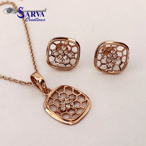 Geometric Honeycomb Cubic Zirconia Necklace <b>Set</b> 925 Sterling <b>Silver</b> Pendant & Matching <b>Stud</b> <b>Earrings</b> Jewelry <b>Set</b> for Women - Product Image 4