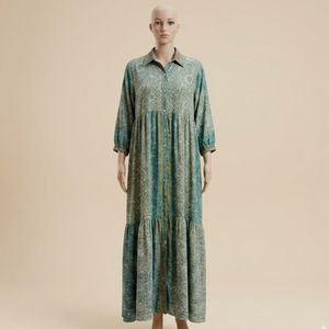 Falda Larga con Estampado Paisley Vintage Bohemio para Mujer |   Vestido largo maxi con mangas largas, dobladillo escalonado y cintura imperio, estilo holgado. - Product Image 1