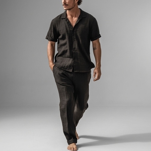 Ensemble de vêtements décontractés pour hommes, best-seller, 100% lin, chemises à manches courtes et pantalons, haute qualité, luxe, méthode de tricotage solide - Product Image 5