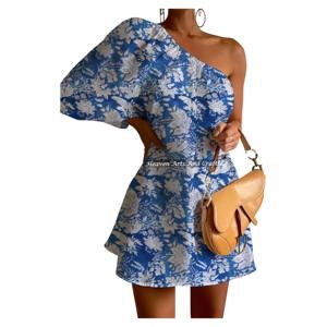 Vestido Sexy de un Hombro con Manga Abullonada para Mujer, Estampado de Algodón, para Fiesta, Club, Playa, Casual, Verano - Product Image 4