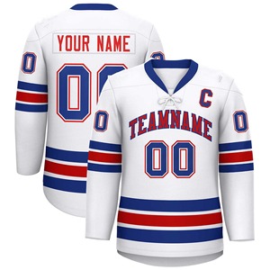Camiseta de Hockey Personalizada Blanca, Azul y Roja, Sublimada con Nombre y Número del Equipo, Manga Larga, Unisex, Ropa Deportiva de Invierno para Adultos, 100% Poliéster, para Hombre - Product Image 1