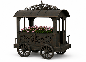 Chariot à fleurs décoratif en métal antique pour jardin, chariot à plantes vintage à roulettes, présentoir floral extérieur, décoration de patio - Product Image 5