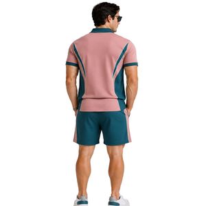 Conjunto de Camiseta Polo y Pantalones Cortos para Hombre en Rosa Polvoriento y Verde Azulado, con Bolsillo en Contraste, Estilo Casual de Verano, Dos Piezas, Logotipo Personalizado, Ropa Deportiva Premium - Product Image 2