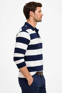<b>Men's</b> <b>Long</b> <b>Sleeve</b> Polo Shirt Navy <b>White</b> Striped Collar Casual Knitted <b>Top</b> - Product Image 4