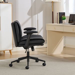Chaise de bureau en cuir à position jambes croisées avec accoudoirs rabattables et roulettes pivotantes, design confortable avec assise large - Product Image 4