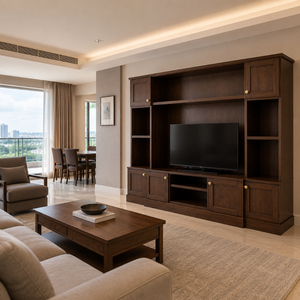 Custom Modern Classic Teak Wood <b>TV</b> Wall Unit Entertainment Cabinet for Hotel Apartment Villa - Product Image 5