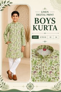 <b>Boys</b> <b>Kurta</b> Pajama Set Linen Digital Print Paisley Green Ethnic Festive Wear Kids Indian Clothing 0-14 Years Wholesale - Product Image 3