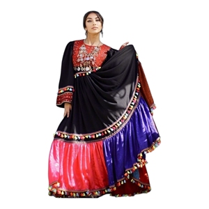 Robes afghanes pour femmes, prix de gros, longues, col rond, manches longues, multicolores, coupe trapèze, broderies riches, pour fêtes et mariages - Product Image 1