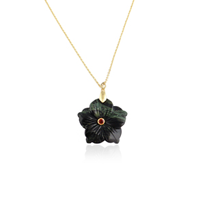 Minimalist kambaba jasper hand carved floral pendant necklace <b>with</b> red cz bezel set stone statement 18k gold plated brass chain - Product Image 1