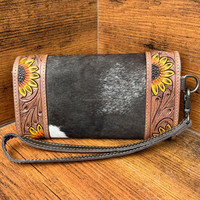 Dompet Kulit Asli Ukiran Tangan Model Western, Dompet Kulit Sapi Berbulu, Dompet Kulit Multifungsi, Dompet Kulit dengan Tali Pergelangan Tangan