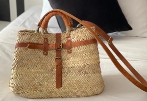 Handwoven Moroccan Straw Tote <b>Bag</b> with Studded Leather Pocket and <b>Long</b> Shoulder Straps - Product Image 1
