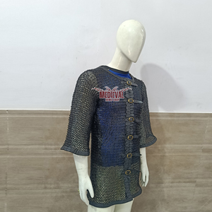 เสื้อเกราะเหล็กกล้าอ่อนยุคกลาง ขนาด 9 มม. แบบวงแหวนติดหมุดแบน แขนครึ่งแขน แต่งหนัง ปิดด้วยหัวเข็มขัด ทำด้วยมือ สีดำ - Product Image 4
