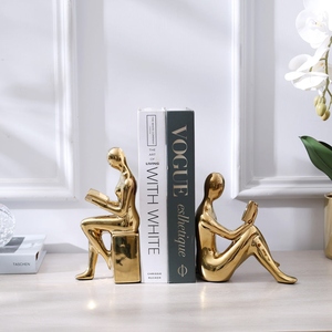 Modern design abstract cast aluminum human figurine bookend set gold finish metal <b>decorative</b> <b>book</b> holder reading man sculpture - Product Image 4