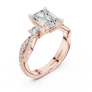 Anillo de Diamante Moissanite con Corte Esmeralda Premium, con Piedras Laterales Redondas, Oro Rosa sobre Plata de Ley, Anillo de Tres Piedras - Product Image 4