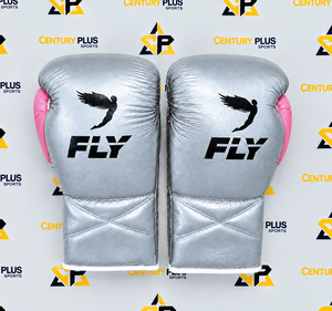 Gants de boxe Fly Super Lace argentés et roses, de qualité supérieure, très demandés, en cuir de vachette véritable, pour entraînement professionnel. - Product Image 5