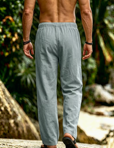 Pantalon décontracté d'été ample pour homme KLTW INT'L, gris clair, coupe large, en lin et coton respirant, léger, taille élastique avec cordon de serrage - Product Image 2