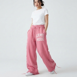 Pantalones de chándal holgados para mujer con bordes deshilachados, estampados, de ajuste oversize, con dobladillo desgastado, informales, 100% algodón, de felpa, tipo jogger - Product Image 2