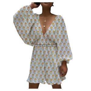 Nouvelle Robe Longue Décontractée et Sexy en Coton de Haute Qualité à Col en V Profond, Imprimée à la Main, Style Lanterne, pour Soirée - Product Image 6
