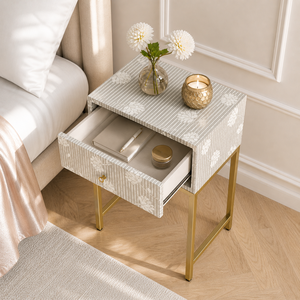 Modern Floral Pattern Nightstand Mirrored <b>Side</b> <b>Table</b> Bedside Cabinet Metal Frame <b>Drawer</b> Storage for Bedroom - Product Image 5