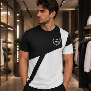 New 2026 Model Men's Black <b>White</b> Geometric Print Short Sleeve T-Shirt Slim Fit Breathable Jersey O-Neck Sporty Style - Product Image 1