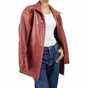 Veste de moto en cuir véritable rouge pour femme, manches longues, fermeture éclair, col rabattu, style automne - Product Image 1