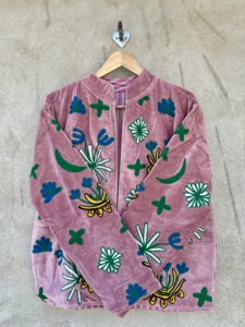 Blue <b>Velvet</b> Handmade Embroidered Floral Vintage Winter Bomber <b>Jacket</b> for Unisex with Cotton Lining Breathable Woven - Product Image 4