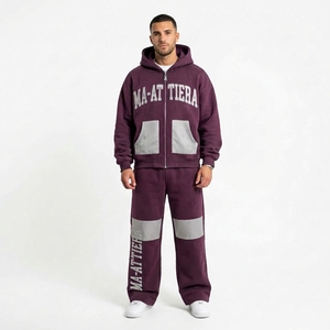 Men Burgundy Gray <b>Zip</b> Up <b>Hoodie</b> Wide Leg Pants Set Contrast <b>Pocket</b> Panel Rhinestone Detail Streetwear Tracksuit Custom OEM ODM - Product Image 1
