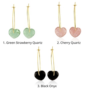 Boucles d'oreilles créoles légères plaquées or avec onyx noir taille damier, quartz fraise vert, quartz cerise et pierres précieuses en forme de cœur délicates - Product Image 1