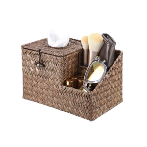High Quality Seagrass Tissue Box Holder with Side Organizer Vintage Style <b>Square</b> Shape for Tableware Bathroom Home Office - Product Image 1