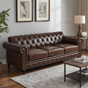 Canapé Chesterfield en cuir marron vintage 3 places, capitonné avec accoudoirs roulés pour salon - Product Image 2